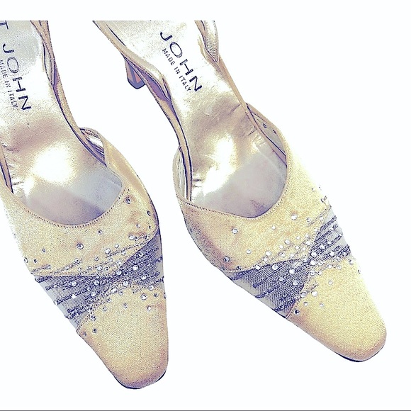 ST JOHN Beige Metallic Crystal Embellished Evening sling back Heels 8.5B - Picture 3 of 15